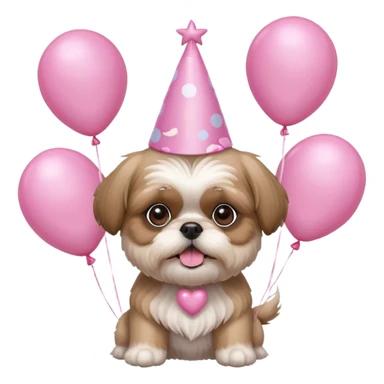 cute shih tzu hold a few cute pink balloons  with pink birthday hat sticker