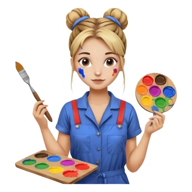 beautiful girl with a bun on her head in a jumpsuit with paint stains, holding a palette and a brush in her hands sticker