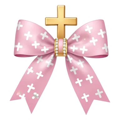 super pale pink bow confetti but the paper confetti are the pale pink bows all spread out with white tiny glitter and then with golden crosses on it and a white band in the mjddle sticker