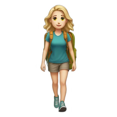 a white girl with a backpack on, she is walking and backwards sticker