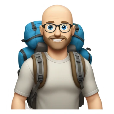 Bald man with stubble beard glasses pale skin buff muscles blue eyes with a large backpacking backpack on with hiking poles sticker