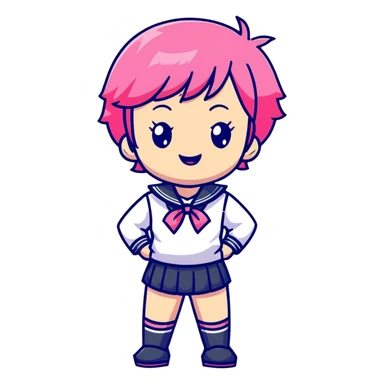 Anime girl with short bright pink hair wearing Japanese sailor style school uniform, confident pose with hand on hip and bright cheerful grin, excited and happy sticker