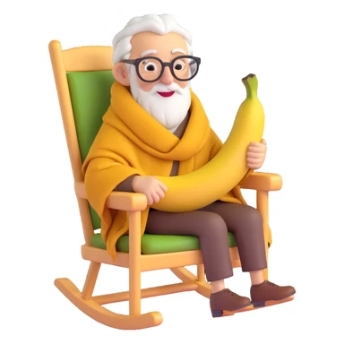 elderly banana sitting in a rocking chair, reading glasses, cozy shawl, warm expression, minimal background sticker