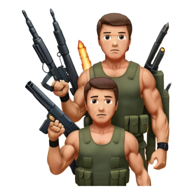 Icon for Action Movies: Close-up collage featuring Schwarzenegger in 'Commando' and  Stallone in 'Rambo', in bold poses. Background includes explosions, rockets flying, and machine guns. The style is reminiscent of a cinematic movie poster with intense, dramatic colors. Transparent background. sticker