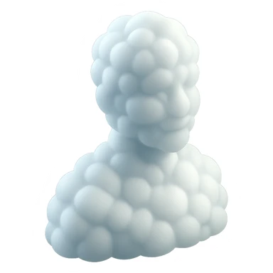 person looking straight, fully made of white fluffy convex clouds, shoulder up, no shadows, matte glass style sticker