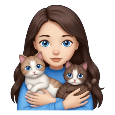 a pretty girl with long dark brown hair, with blue eyes, hugs 3 different natural coloured small cats sticker