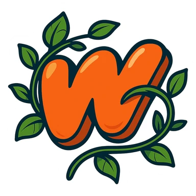 plump juicy Wattpad logo 'w' with bold outline, stylized shadows and highlights, decorated with a leafy vine wrapping around the logo, no background sticker