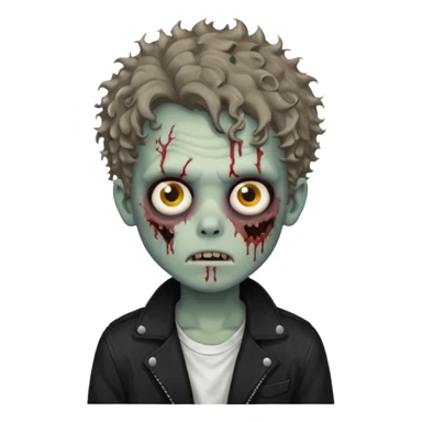 zombie boy messy curly hair black jacket white tee shirt sticker
