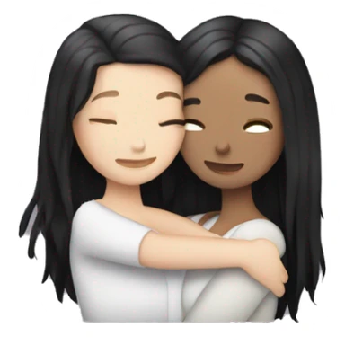 A lesbian couple who both have white skin and long black hair are hugging intimately. sticker