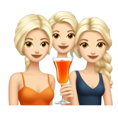 Four beautiful white european girls, one with blond hair and three with dark blond hair in dresses drinking aperol sticker