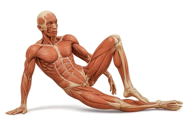 CORPO UMANO ANATOMICO REALISTICO CHE SVOLGE UN ESERCIZIO DI MOBILITà ALLE ANCHE, iperrealistico 4k sticker