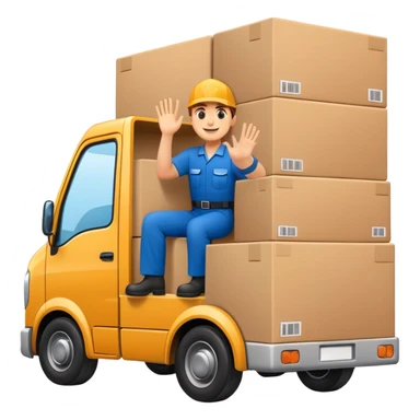 truck with a supplier in work uniform sitting inside, waving hi, cargo area overflowing with many boxes sticker