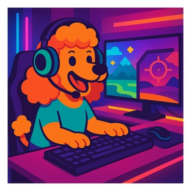 Add a lively gaming background with a desk, dual monitors, and RGB lighting. Maintain the energetic cartoon vibe in vibrant toon style. sticker