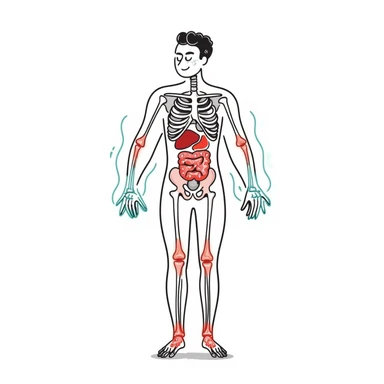 Anti-inflammatory process medical diagram: transparent human body with glowing joints and organs, blue-green healing energy waves neutralizing red inflammation spots, clinical aesthetic with soft lighting and futuristic background sticker