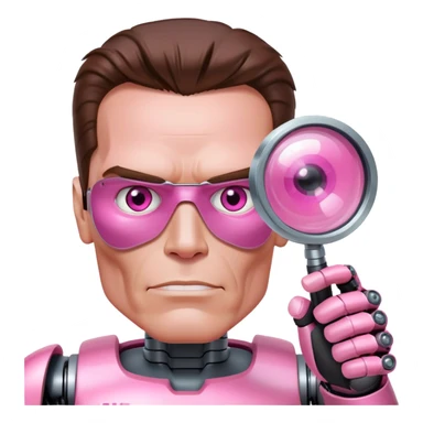 friendly looking schwarzenegger-looking half robotic half human pink terminator holding magnifying glass, upper body sticker