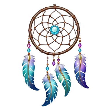 Iridescent shiny transparent crescent nebula Dreamcatcher-suncatcher hanging from a thread, with gemstones, and beads sticker