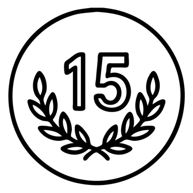 Minimalist icon for 15 Years in Tourism Industry in black outlined style with the same color code and format as the reference images. Place a number 15 with a laurel or ribbon inside the circle. sticker
