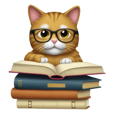 Cat studying, glasses, books, laptop sticker