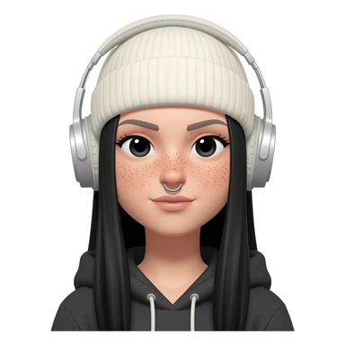 White curvy female with freckles, long straight black hair wearing a beanie and hoodie and nostril pierced listening to music sticker