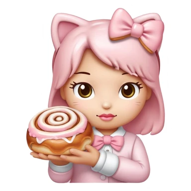 Hello kitty with a light pink bow holding a cinnamon roll sticker