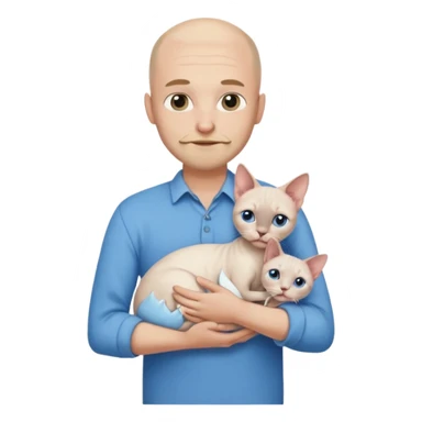 A couple a man and a woman. The man  is bald with a tiny beard and wearing a blue shirt, is holding a Siamese cat in his arms. The woman, who has light hair and is wearing a white dress, is holding a white Sphynx cat in her arms sticker