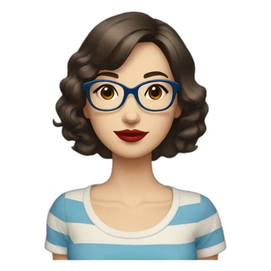 caucasian woman with retro glasses, dark brown hair, a bob haircut, bangs, red lipstick, blue and white striped t shirt sticker