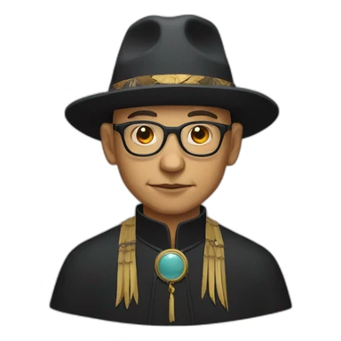 Crow priest, bald with glasses and a hat sticker