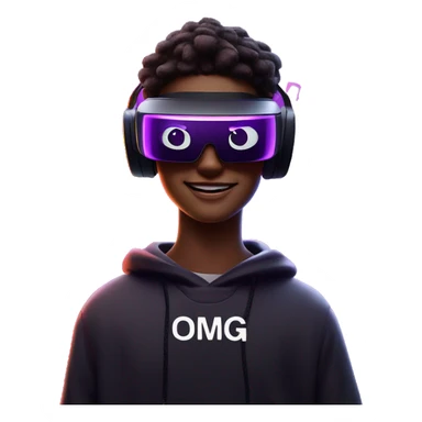 Happy student wearing a black hoodie with "OMG" letters on it and VR headset oculus quest 2 in a cyberpunk VR environment with violet neon lighting. sticker