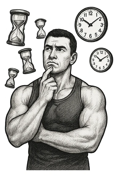bodybuilder pensieroso che si tiene l'indice sul mento, alle sue spalle fluttuano clessidre e orologi da muro sticker
