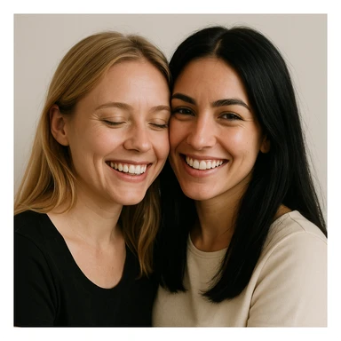 blonde and black-haired lesbian couple, close together, happy expression, minimal background sticker