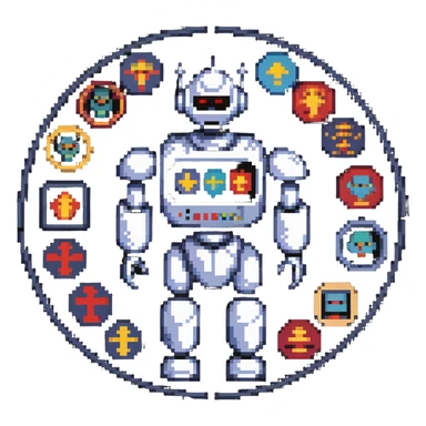 Pixel art of a robot man with a circular chest divided into four segments showing icons for visual art, music, theater, and literature sticker