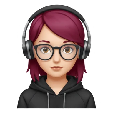 white girl with burgundy hair, gray square glasses, black deportive hoodie and black headphones sticker