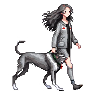 Japanese girl with flowing hair walking a solid grey greyhound with no white markings sticker