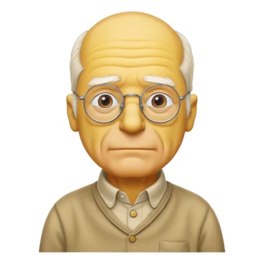 A 3D cartoon close-up of Grandpa Abe Simpson, yellow skin, bald head with side tufts of white hair, glasses, wrinkled face, beige shirt with collar, soft yellow lighting, cinematic Memoji-style portrait consistent with other Simpsons family members, yellow dress. sticker