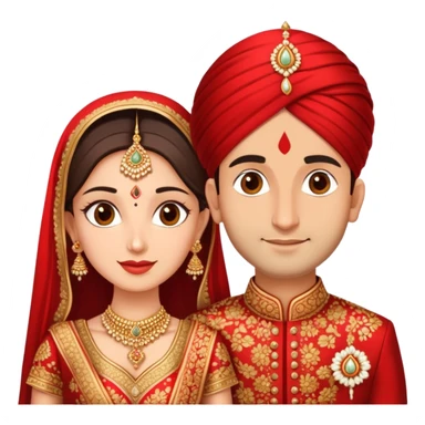 Indian married couple in traditional wedding attire, bride in red and gold wedding lehenga or saree, groom in sherwani, both with fair skin, groom is clean shaven sticker