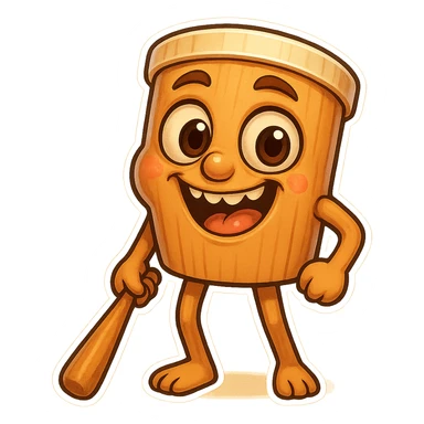  image of absurd wooden stick-man creature, drum-like cylindrical body, holding baseball bat, cartoon style, bright vivid colors, expressive face, dynamic pose, a bit creepy yet funny,  sticker