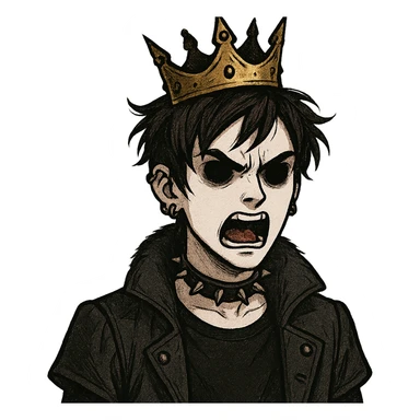 furious prince with crown, white complexion, black eyes, dark brown hair, alternative style sticker
