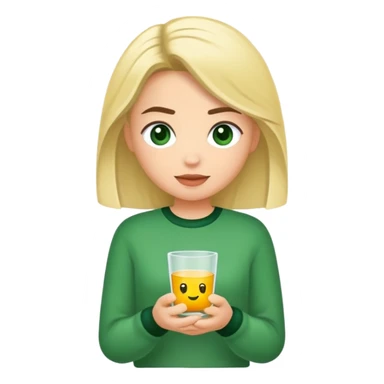 Vuxen kvinna, långt lockigt svart hår, gröna ögon, grön tröja, glad  sticker