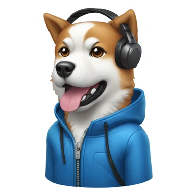 red dog akita inu  in blue jacket, with microphone and gaming headsets sticker