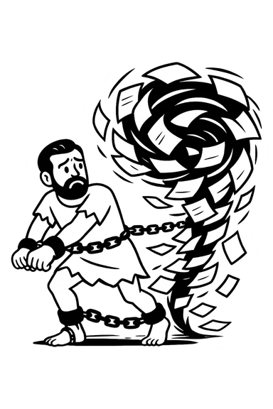 Используя такую стилистику сгенерируй героя в образе раба, закованного в кандалы и цепи идут в огромный ураган из бумаги, который символизирует бумажную рутину, прозрачный фон sticker