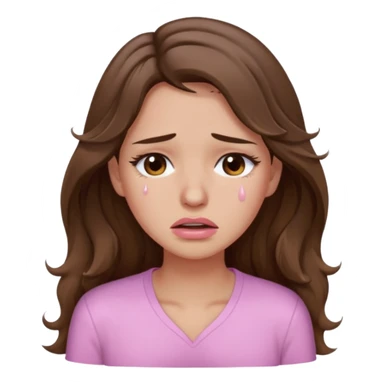 girl with wavy long brown hair, brown eyes, light to medium complexion, long lashes, light pink lipstick, wearing light pink shirt, crying big tears sticker