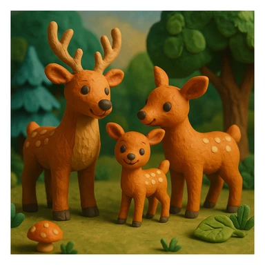 deer family in a woodland clearing, vibrant colors, cheerful and cozy, claymation style sticker