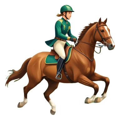 An icon featuring a horse and rider galloping gracefully over a lush green field. The rider is in full gear, guiding the horse with precision. The background shows rolling hills, a clear blue sky, and vibrant sunlight illuminating the scene. Transparent background highlights the elegance sticker