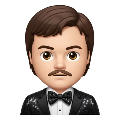 Jack Black with brown hair, black sequin suit with bow tie sticker