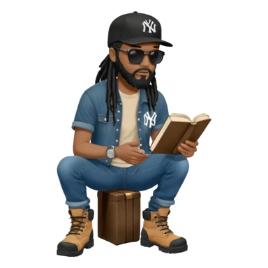African American man with shoulder length black dreadlocks with black beard wearing black sunglasses with a black New York Yankees logo baseball cap wearing denim skinny jeans and Timberland boots reading a Bible sticker