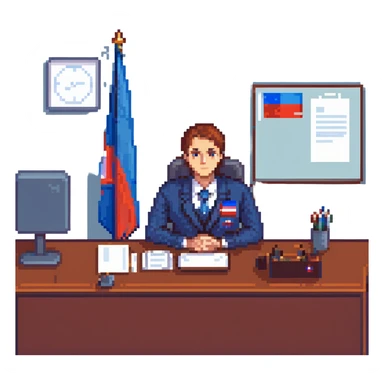 Russian Ministry of Finance employee dealing with sanctions, detailed, professional attire, serious expression, office setting, Russian flag elements subtly included, blue color scheme sticker