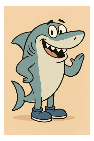 friendly shark character with blue shoes, classic animated style, not chibi sticker