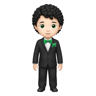 baby boy curly black hair in suit, with green bow sticker