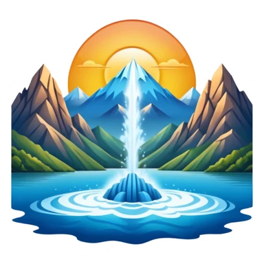 Please generate an image of a sunrise illuminating a lake with a huge water jet pointing only in one direction (upward and then down on one side) like that in the Geneva lake and some mountains in the background. sticker