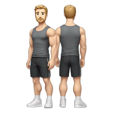 Full height Pale skinned muscular man With Realistic eyes and mouth, light brown hair and stubble In dark gray sleeveless mike, black oversize sports shorts, watch and white sneakers. sticker
